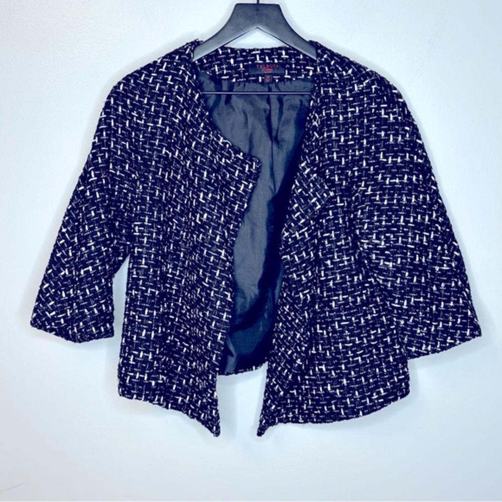 Talbots Tweed Open Cropped Black White Jacket Size 12P